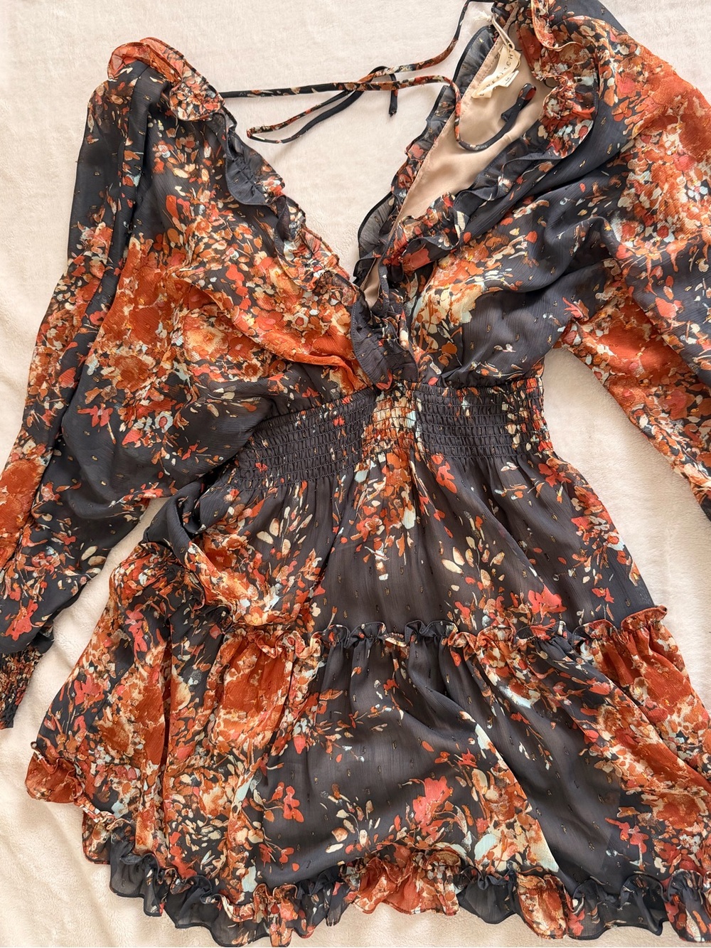 Love Stitch Floral Ruffle Mini Dress NWT | Boho Romantic Metallic Thread